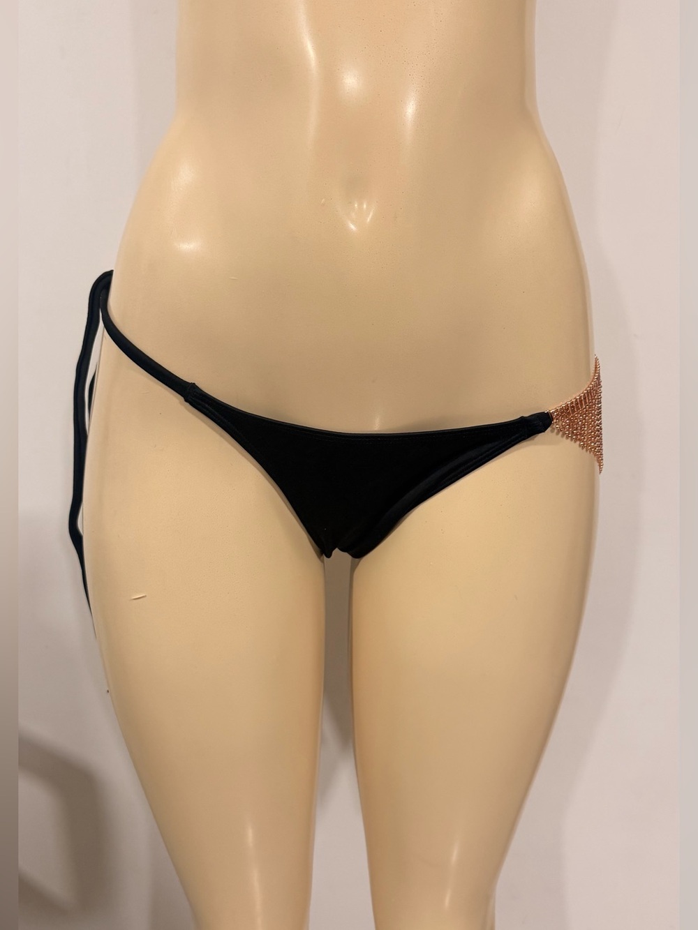 Y2K Summer Black Bikini Brief with Rose Gold Fringe Accent